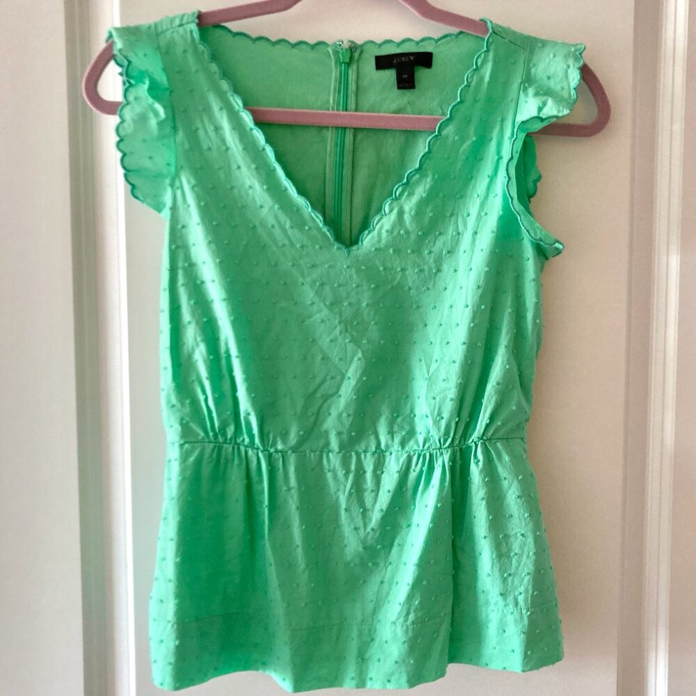 J. Crew green peplum top swiss dot 0p